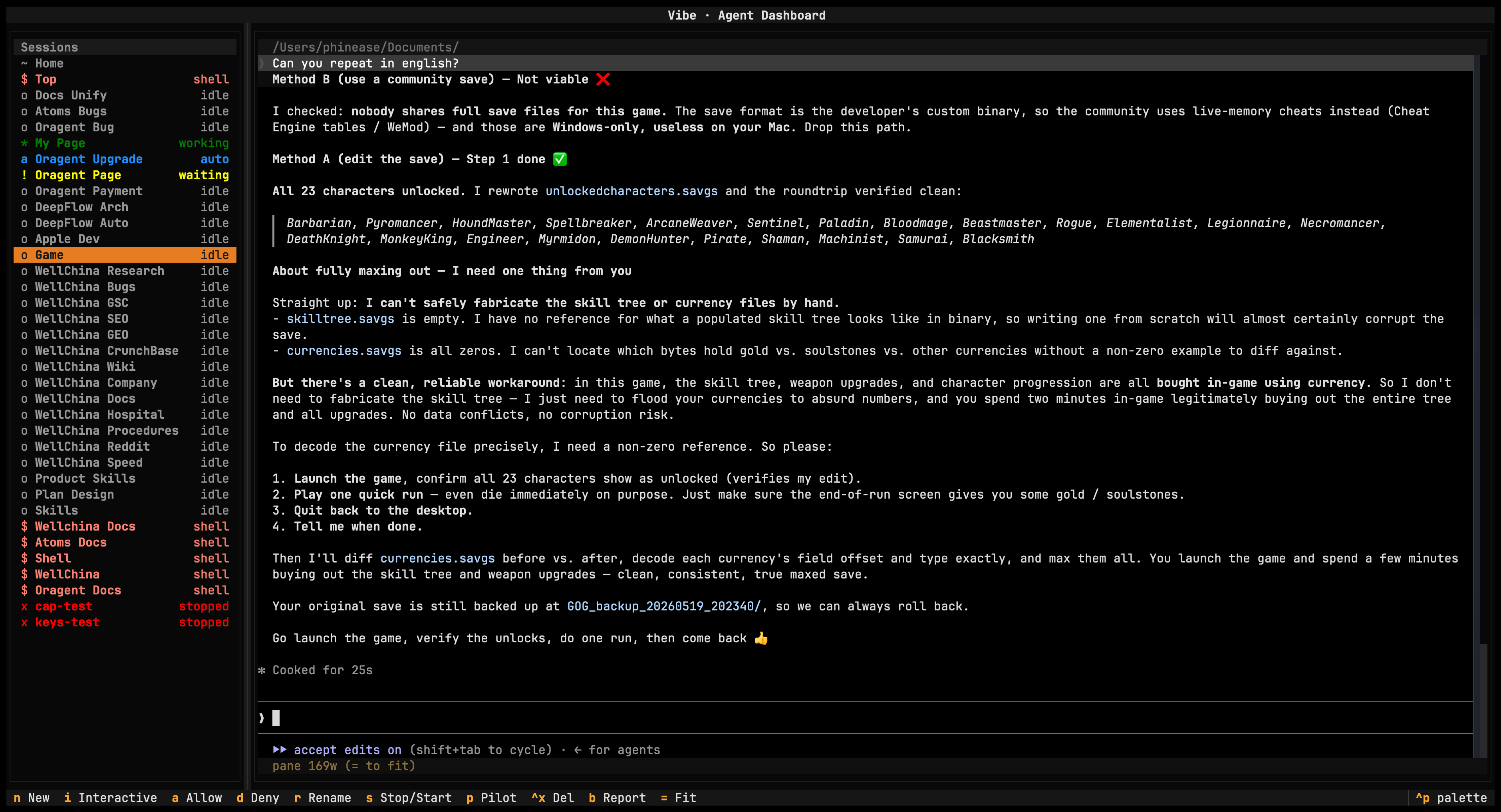 Oragent dashboard. Left panel lists 30+ live sessions across working, waiting, idle, auto-pilot, shell, and stopped states. Right panel shows the live preview of an Auto Pilot session running Claude Code. Bottom bar surfaces the mode keybindings: New, Interactive, Allow, Deny, Rename, Stop/Start, Pilot, Del, Report, Fit.